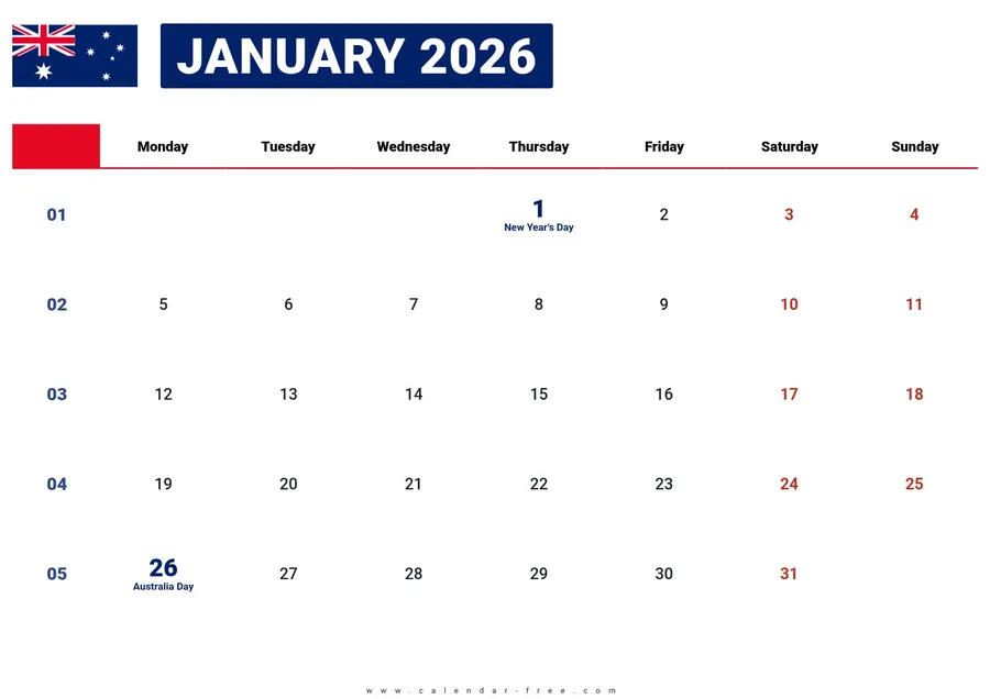 January 2026 calendar Australia with public holidays