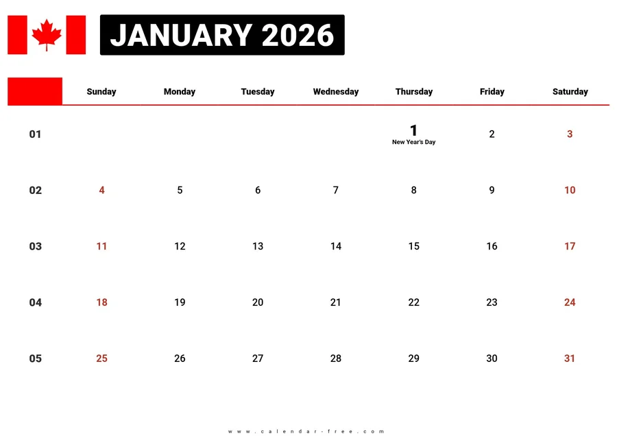 January 2026 calendar Canada with holidays