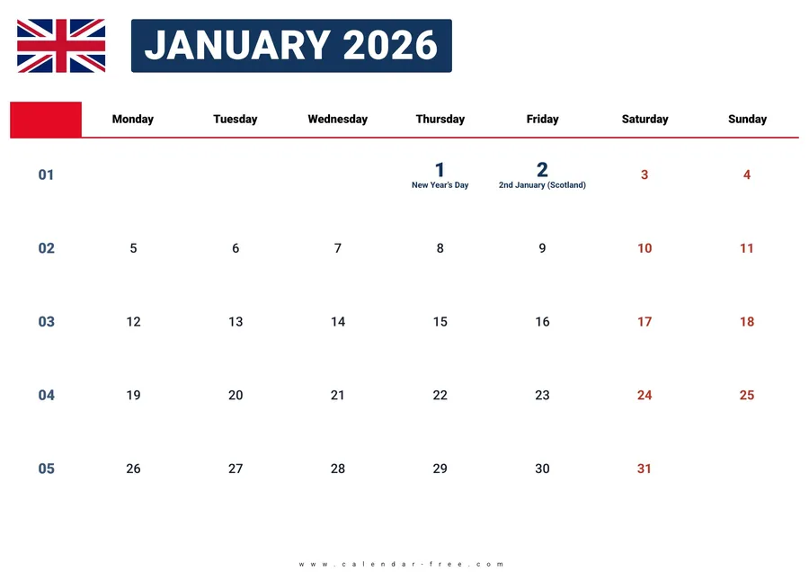 January 2026 calendar UK with bank holidays