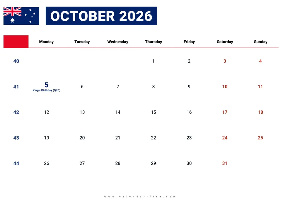 October 2026 calendar Australia with public holidays