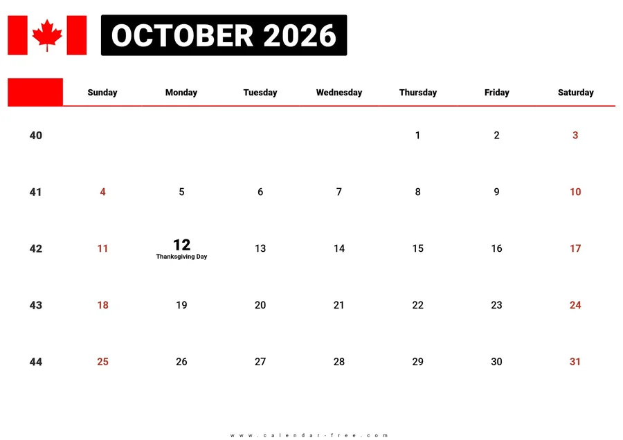 October 2026 calendar Canada with holidays