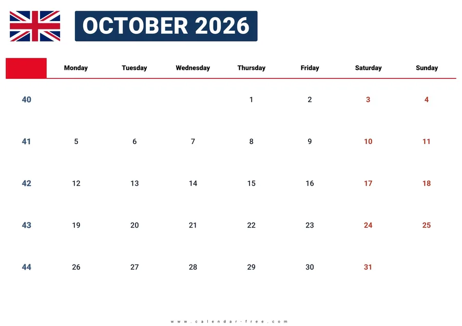 October 2026 calendar UK with bank holidays