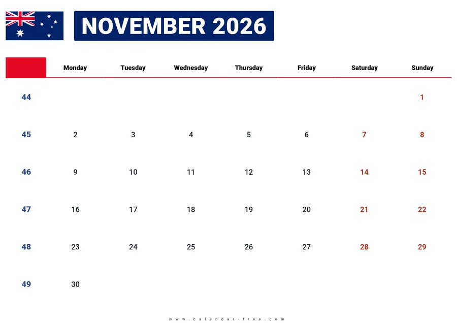November 2026 calendar Australia with public holidays