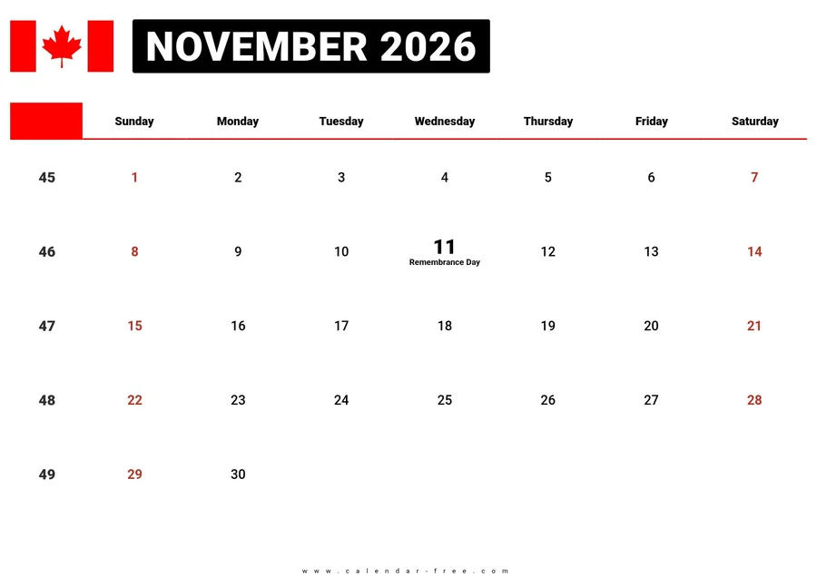 November 2026 calendar Canada with holidays