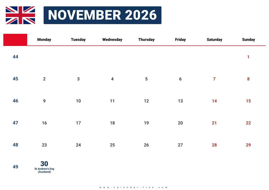 November 2026 calendar UK with bank holidays