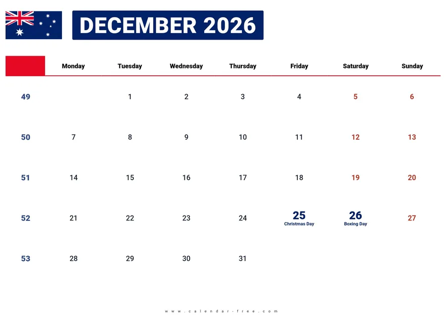 December 2026 calendar Australia with public holidays