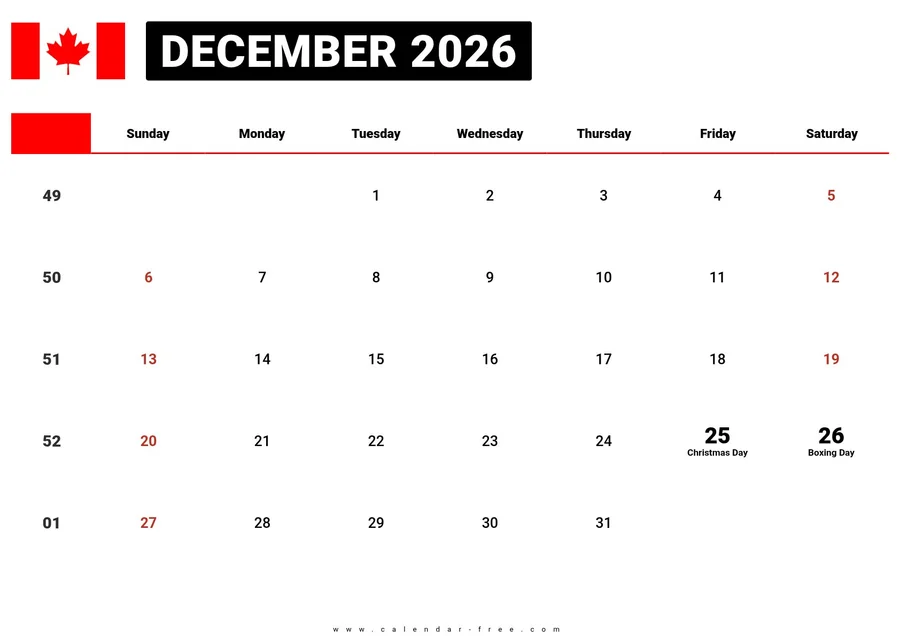 December 2026 calendar Canada with holidays