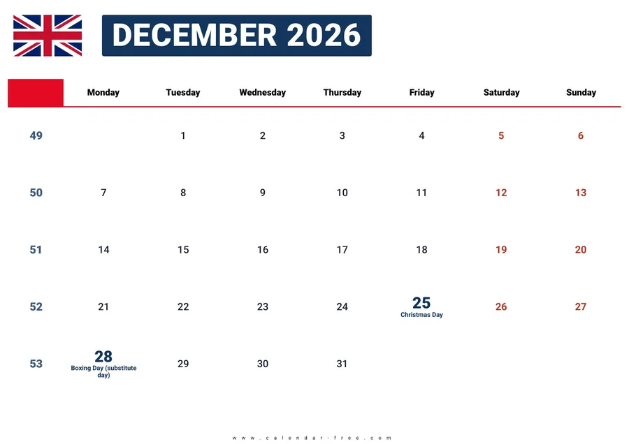 December 2026 calendar UK with bank holidays