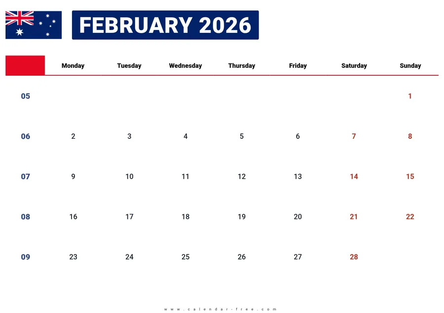 February 2026 calendar Australia with public holidays
