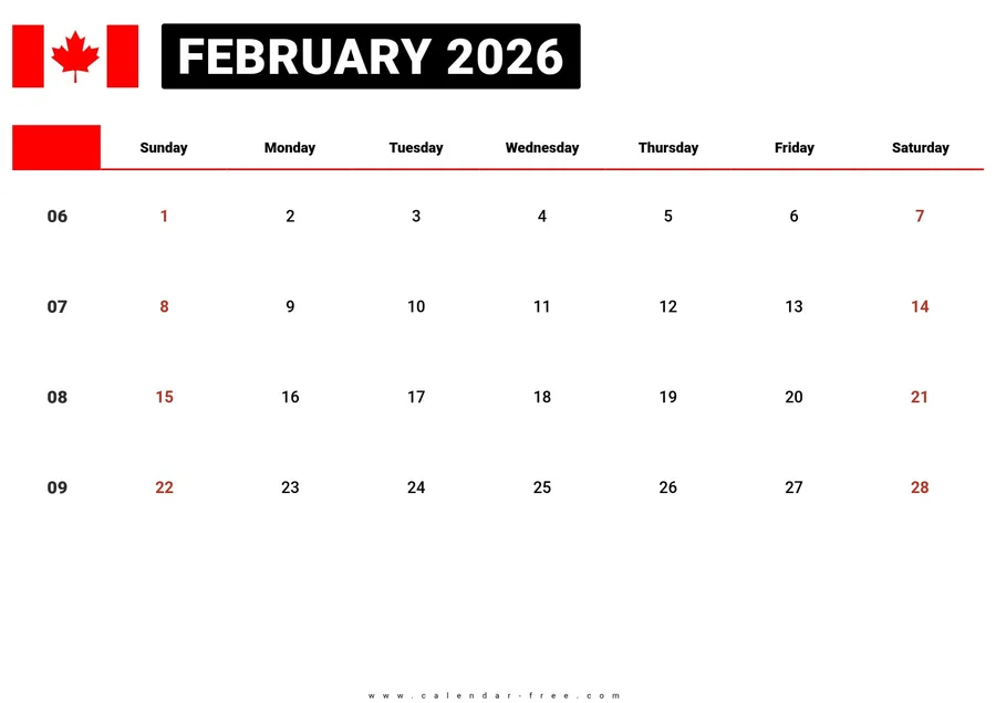 February 2026 calendar Canada