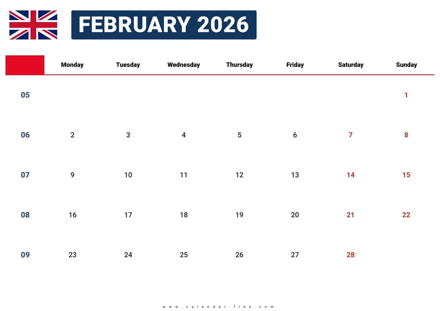 February 2026 calendar UK with bank holidays