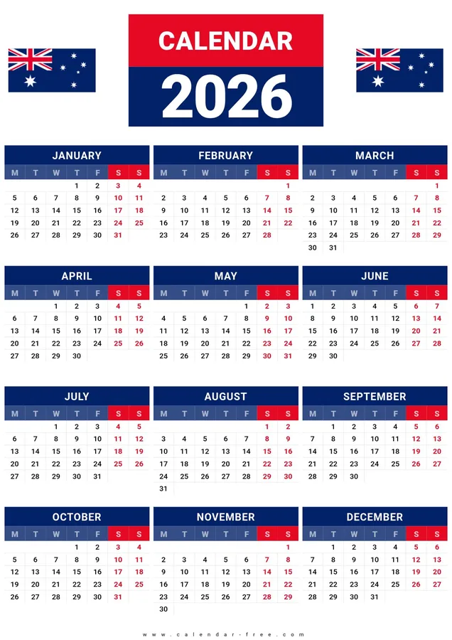 2026 Australia calendar printable one page with Australian flag design