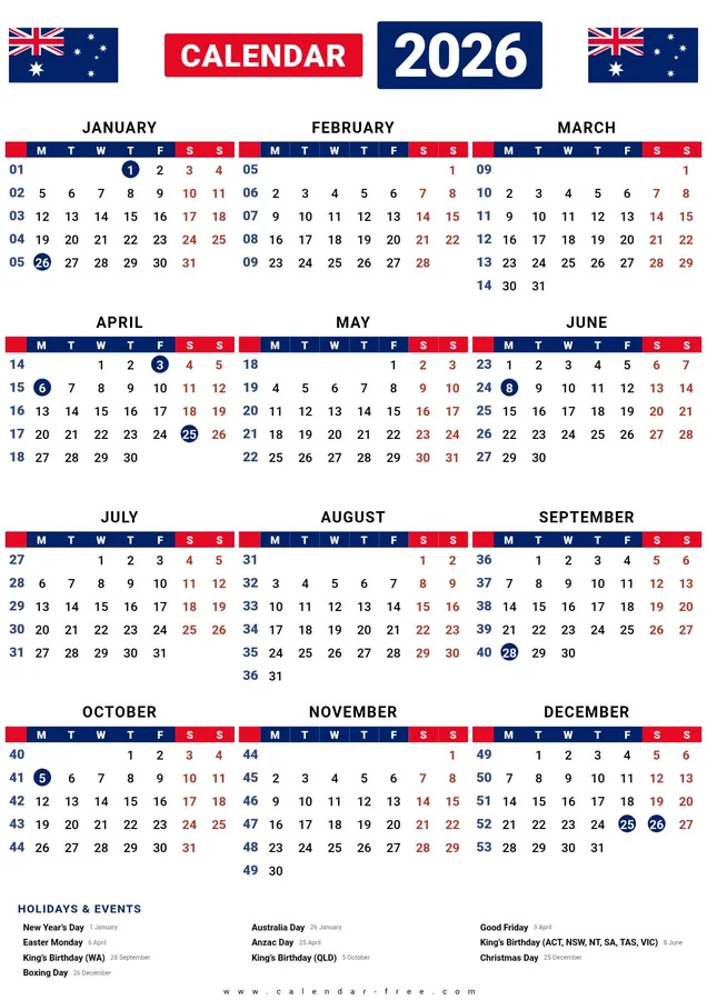 2026 Australia calendar with week numbers printable PDF