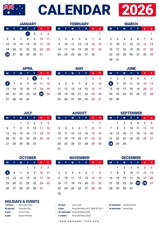 2026 calendar with Australian public holidays listed on one page