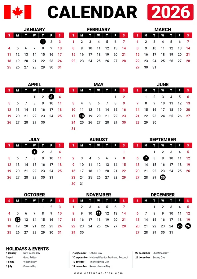 2026 calendar with Canadian stat holidays listed on one page
