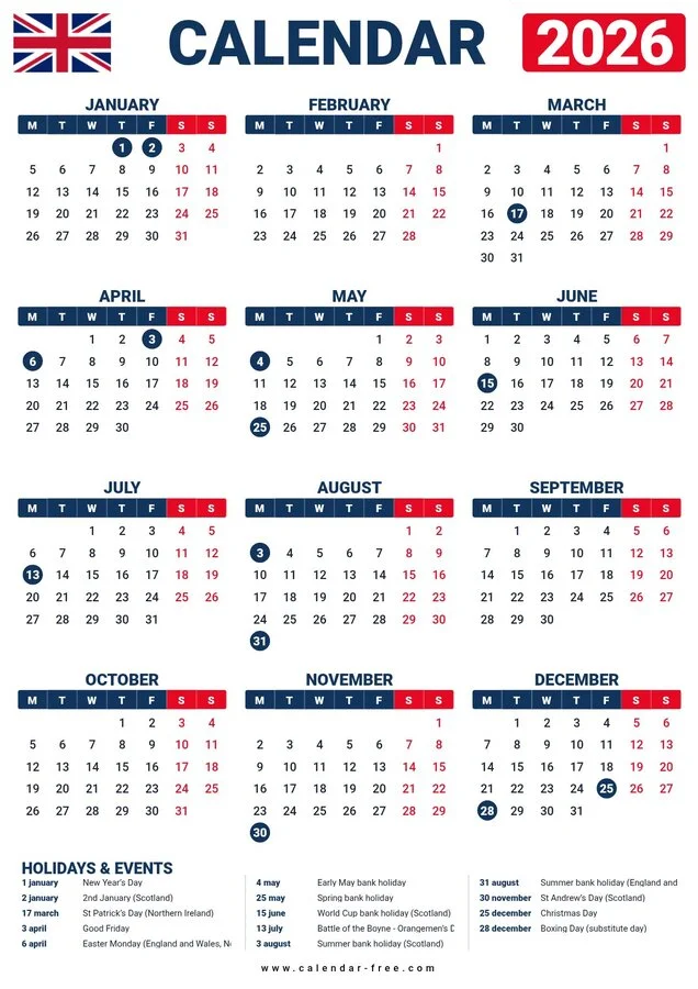 2026 calendar with UK bank holidays listed on one page