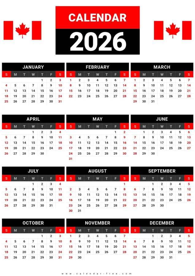 2026 Canada calendar printable one page with red maple leaf flag design
