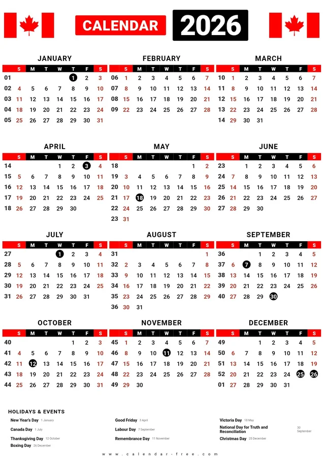 2026 Canada calendar with week numbers printable PDF