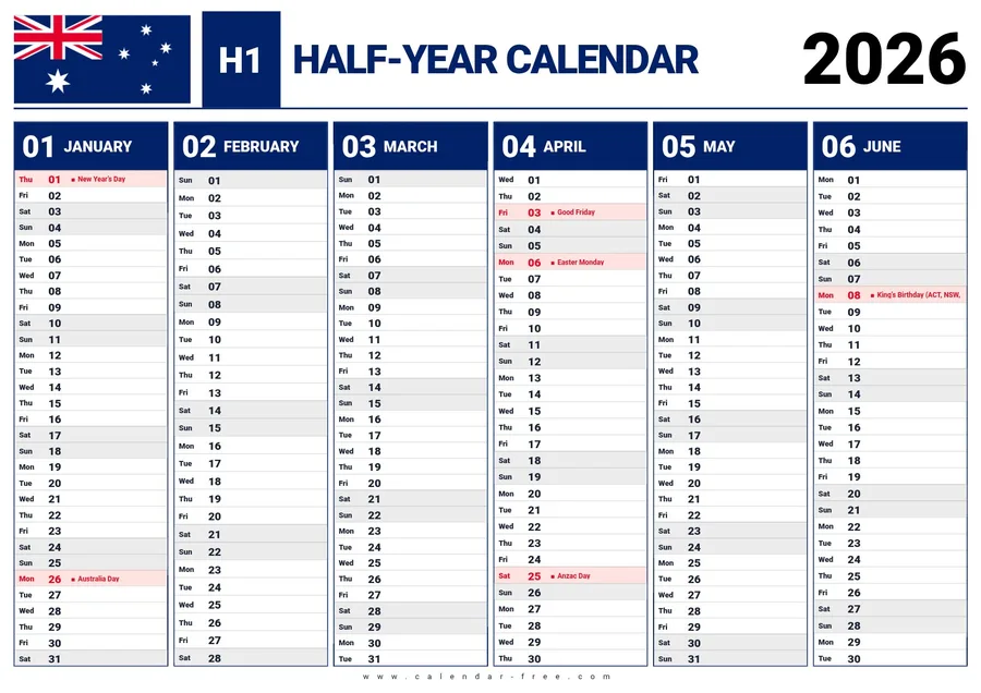 2026 first half year calendar Australia with public holidays