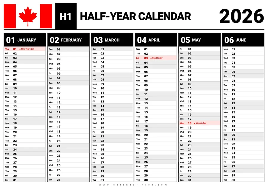 2026 first half year calendar canada with holidays