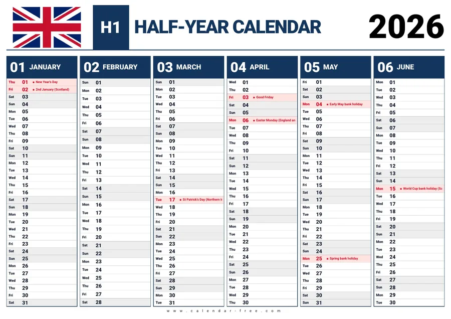 2026 first half year calendar UK with bank holidays