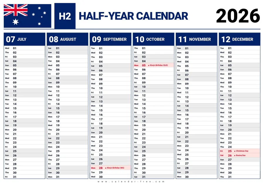 2026 second half year calendar Australia with public holidays