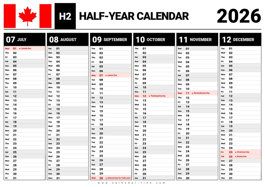 2026 second half year calendar canada with holidays