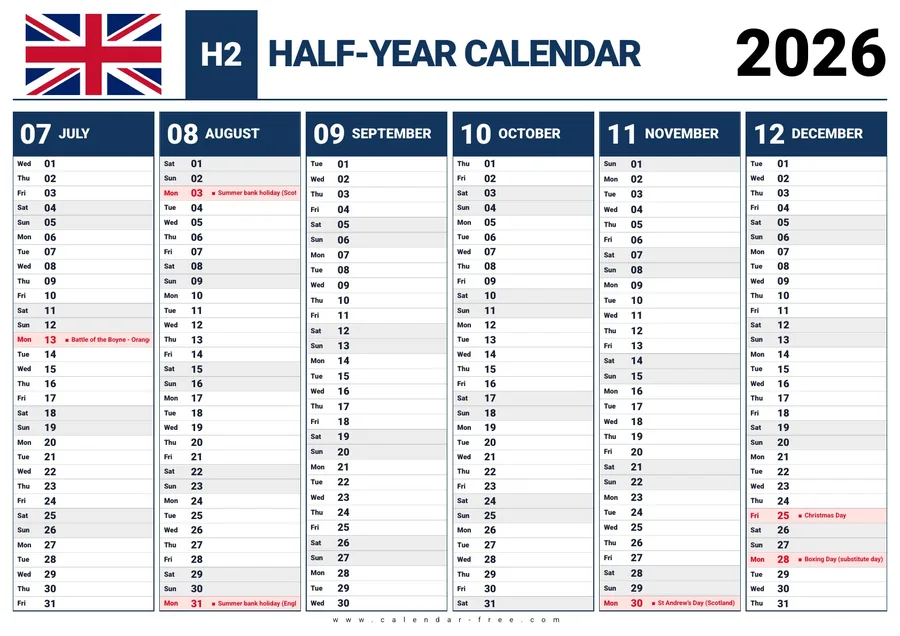 2026 second half year calendar UK with bank holidays