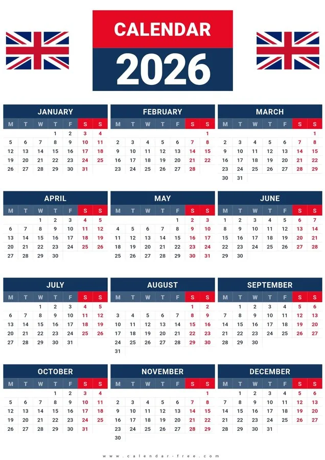 2026 UK calendar printable one page with Union Jack flag design