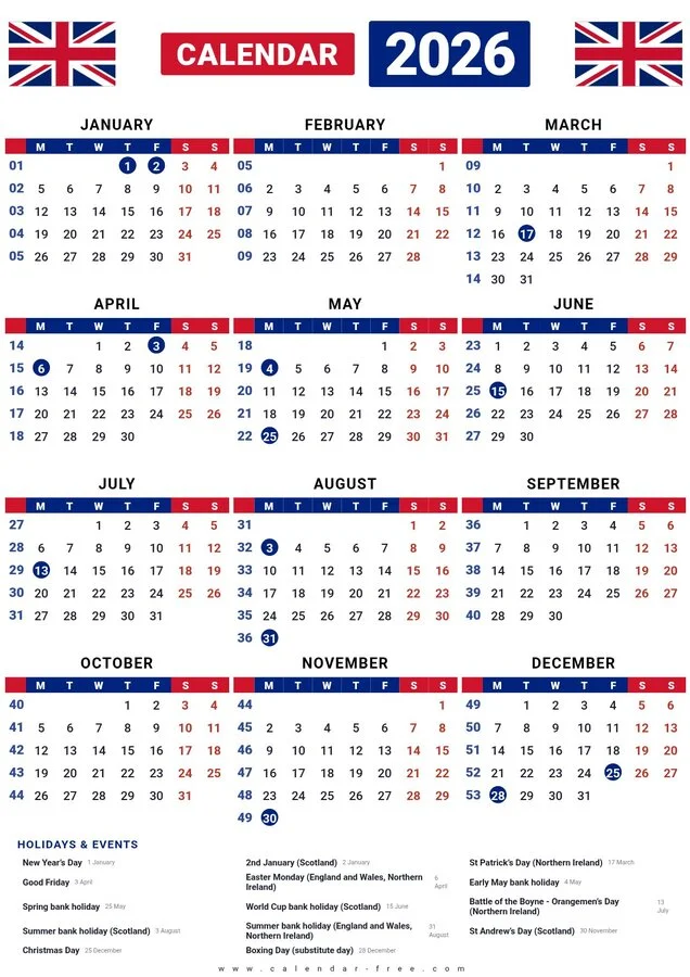 2026 UK calendar with week numbers printable PDF