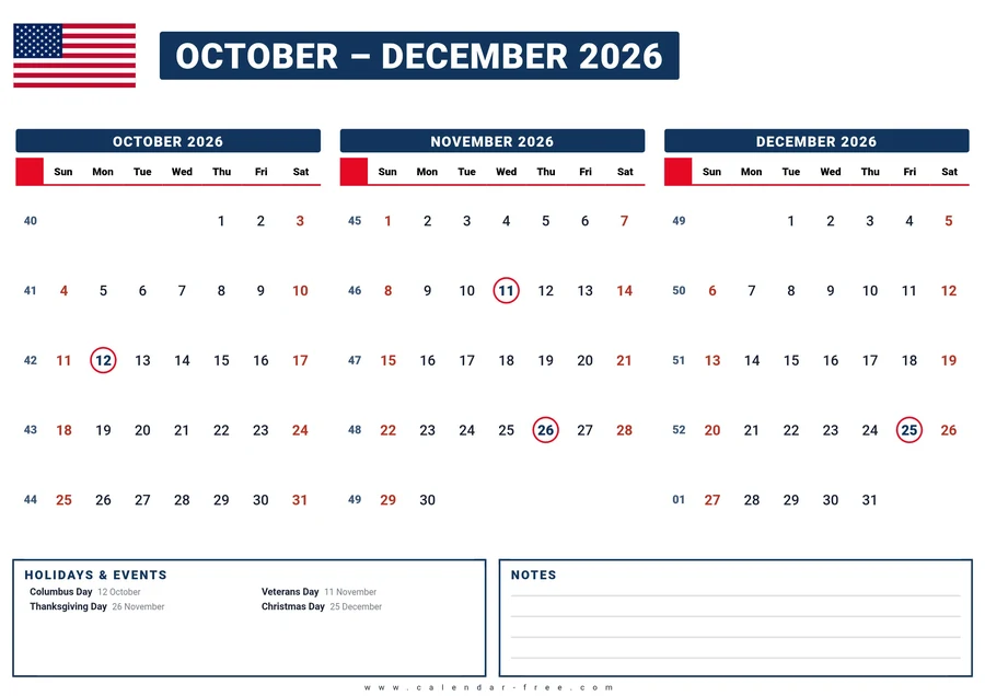 3 month calendar 2026 October to December with US federal holidays