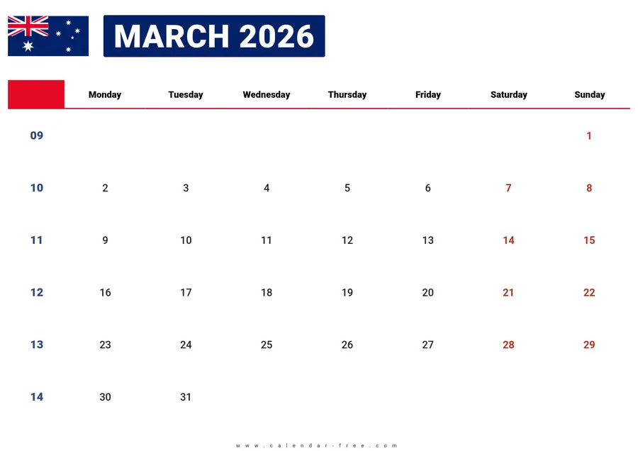 March 2026 calendar Australia with public holidays