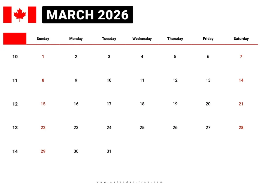 March 2026 calendar Canada printable with week numbers