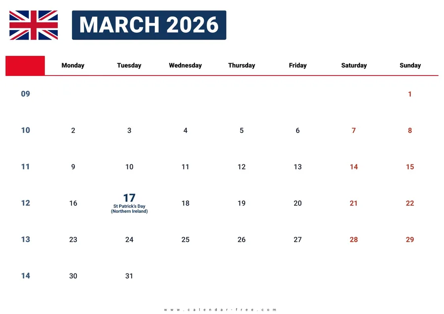 March 2026 calendar UK with bank holidays