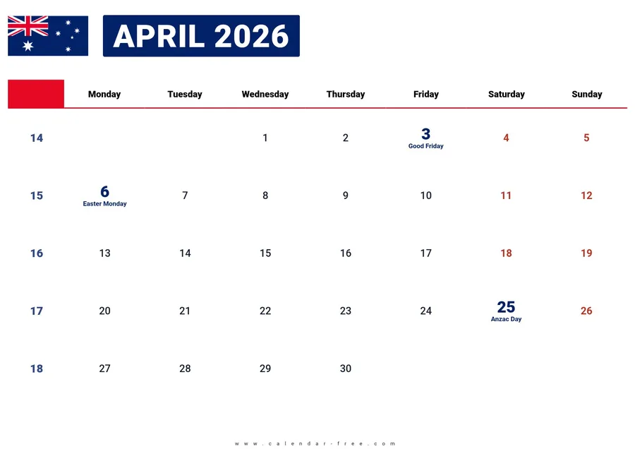 April 2026 calendar Australia with public holidays