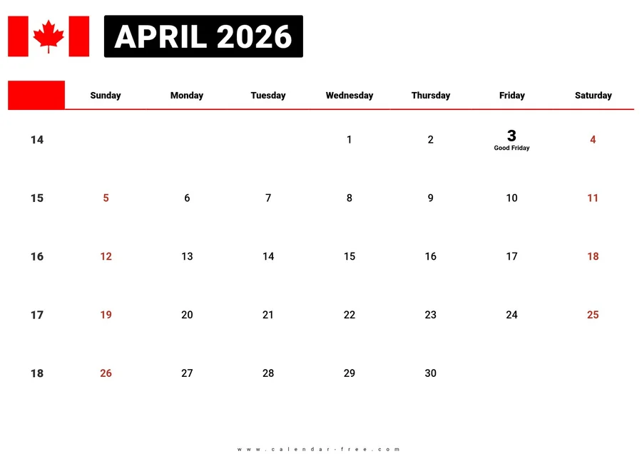 April 2026 calendar Canada