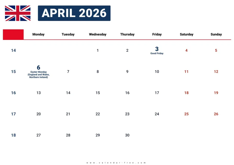 April 2026 calendar UK with bank holidays