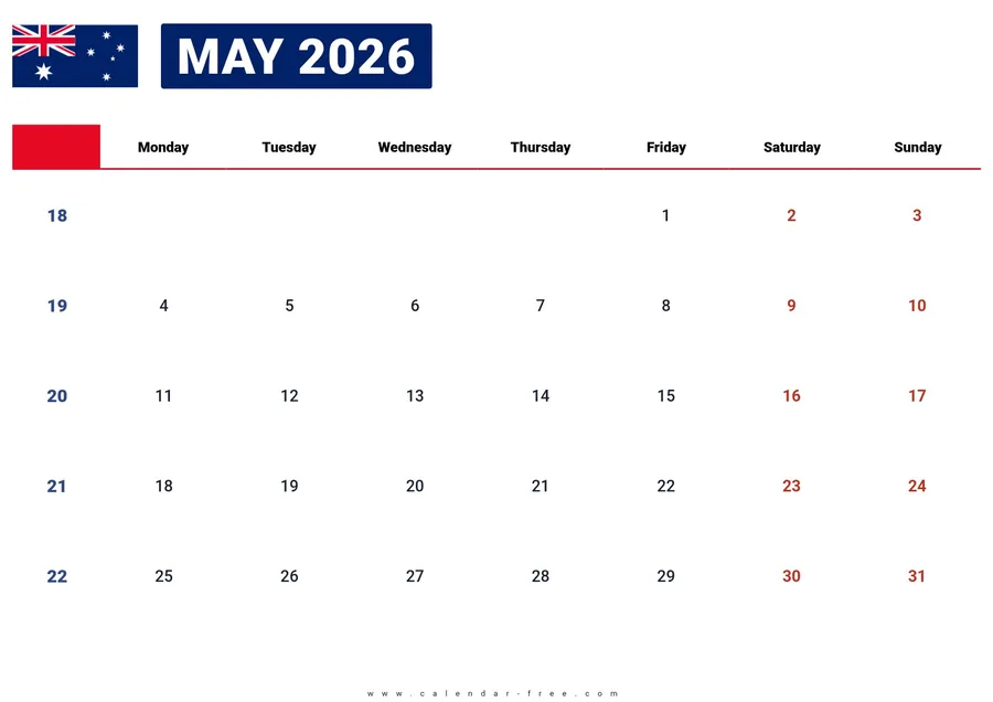 May 2026 calendar Australia with public holidays