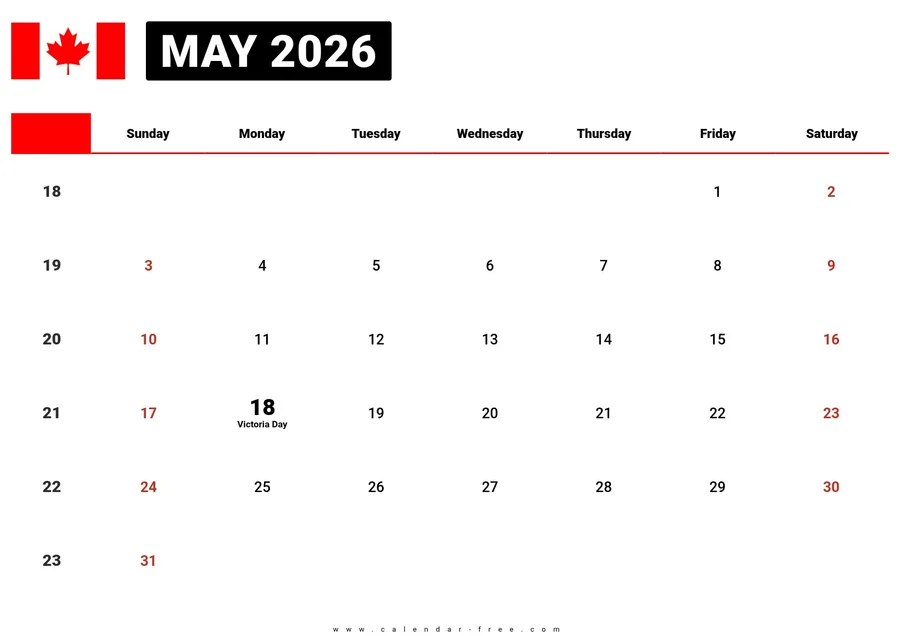 May 2026 calendar Canada with holidays