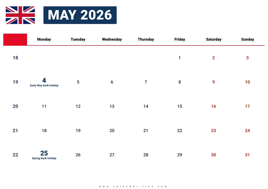 May 2026 calendar UK with bank holidays
