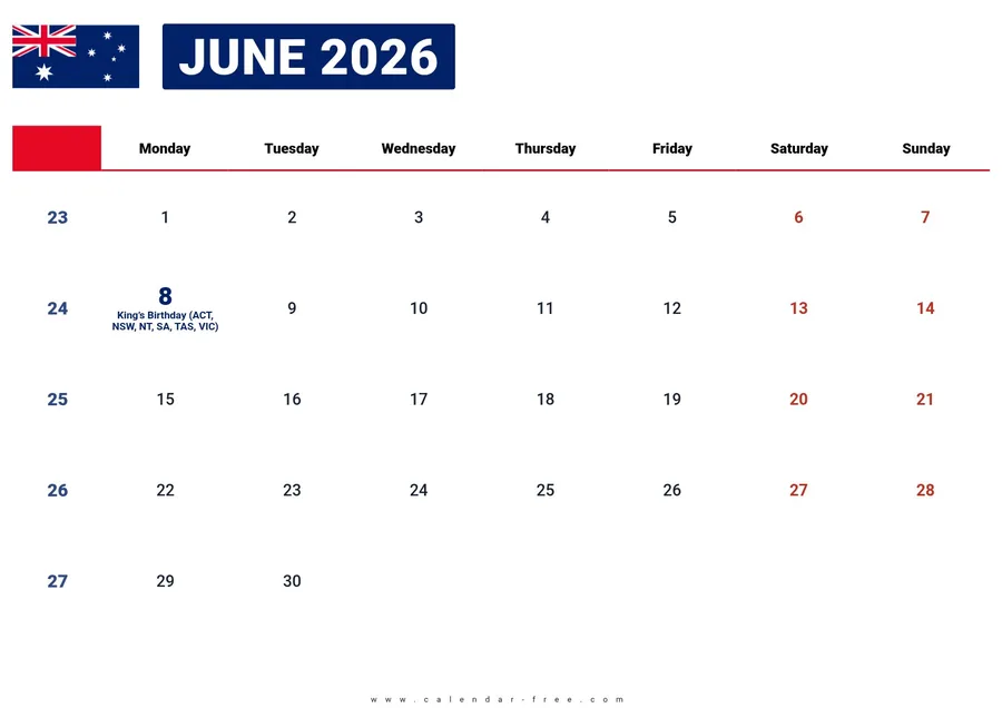 June 2026 calendar Australia with public holidays