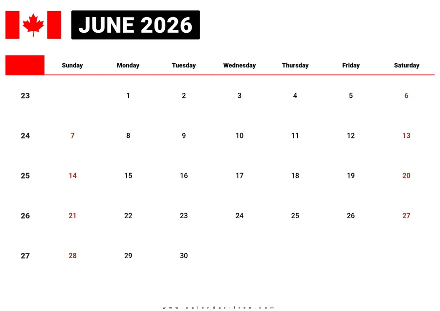 June 2026 calendar Canada printable with week numbers