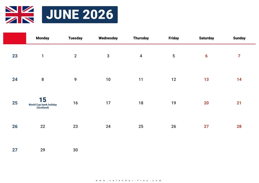 June 2026 calendar UK with bank holidays