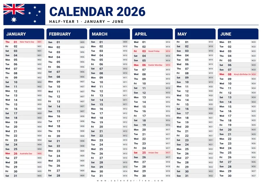 6 month calendar 2026 January to June with Australian week numbers