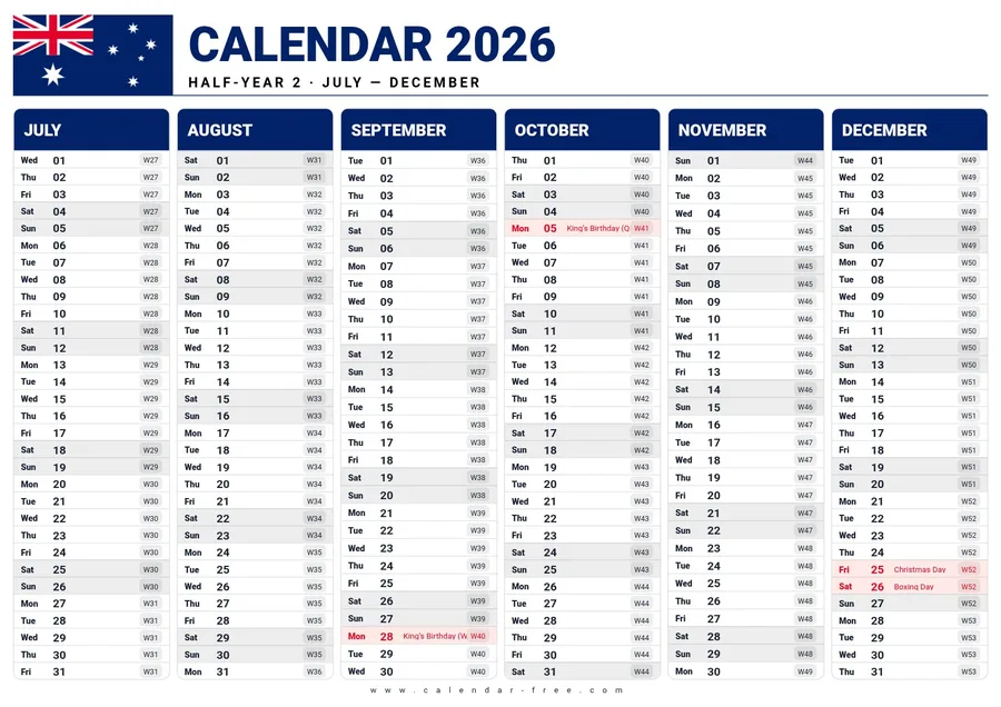 6 month calendar 2026 July to December with Australian week numbers