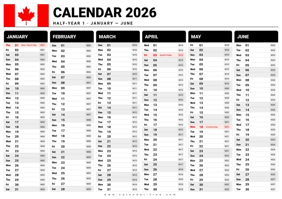 6 month calendar 2026 January to June with Canadian week numbers