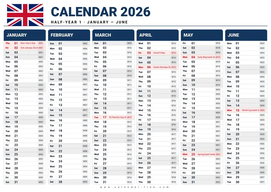 6 month calendar 2026 January to June with UK week numbers
