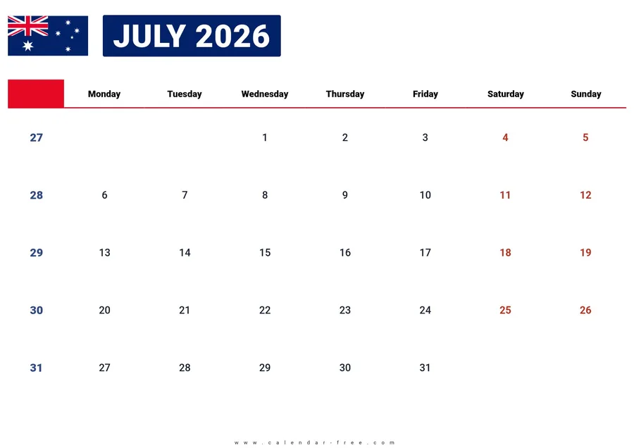 July 2026 calendar Australia with public holidays
