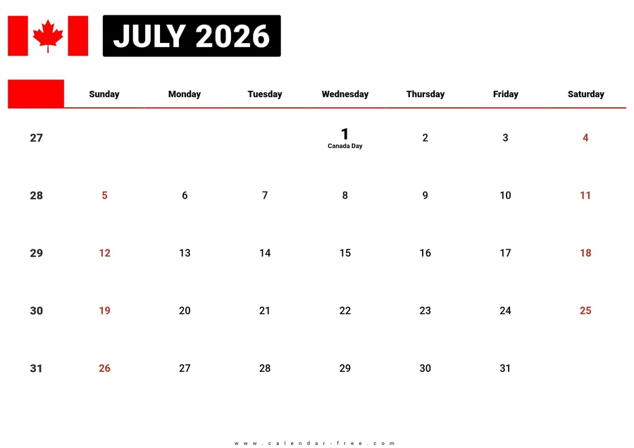 July 2026 calendar Canada