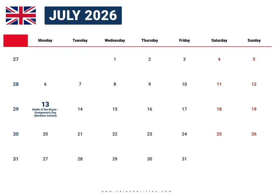 July 2026 calendar UK with bank holidays
